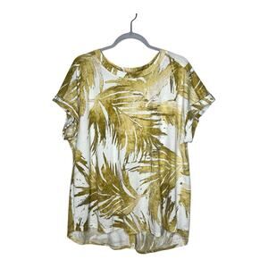 Jane And Delancey Top Womens XL Yellow Green Leaf Tropical Back Buttons Stretch